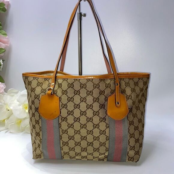 Authentic Gucci GG Logo Canvas Leather Trim Tote - Picture 1 of 15